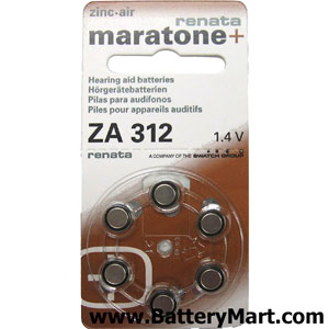 Renata Size 312 Hearing Aid Batteries - 6 Pack