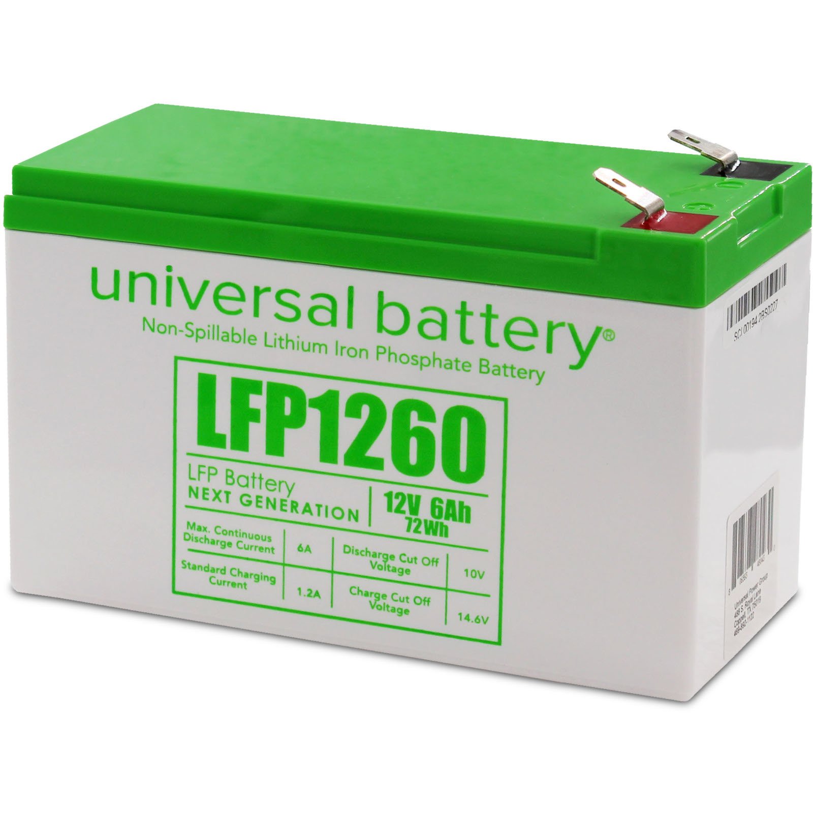 Universal LFP1260 LiFePO4 Rechargeable Battery (12 Volt, 6 Ah, F2