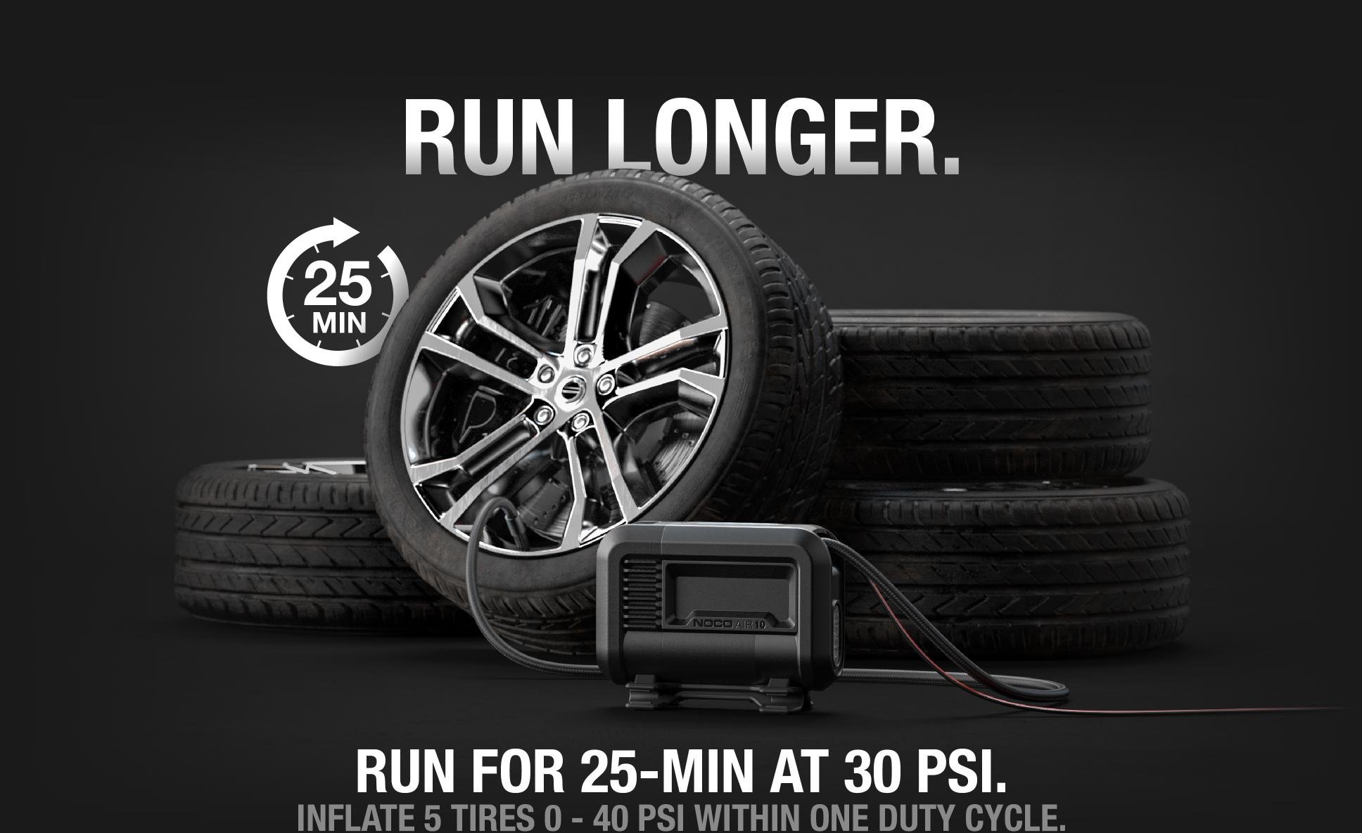 Runs for 25-min at 30 PSI. Inflate 5 tires 0-40 PSI within one duty cycle.