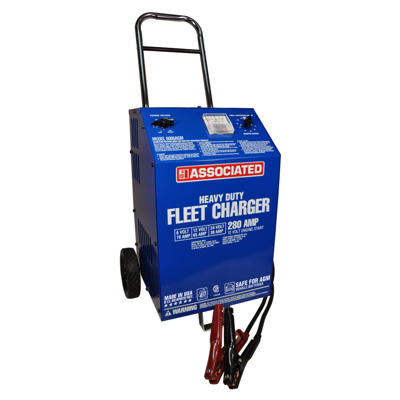 Associated 6/12/24 Volt, 30/65/70 Amp Wheeled Fleet Charger with 280A